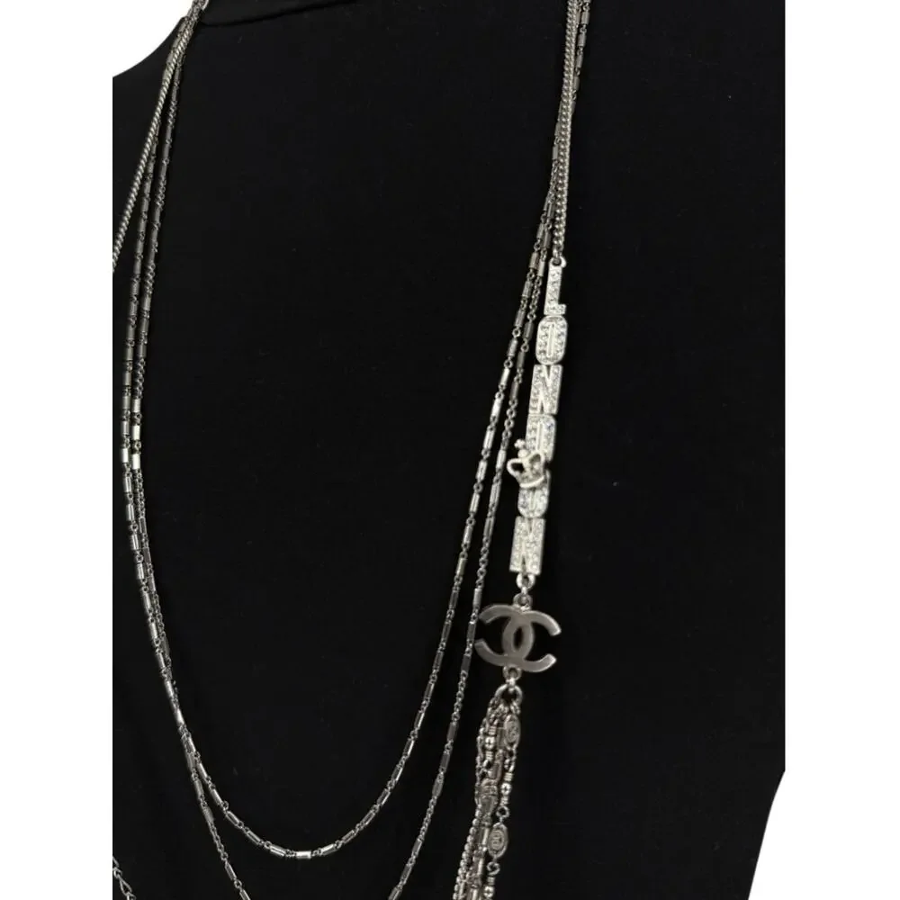 Chanel Silver Multi-Strand “Paris London” Crystal Chain Necklace